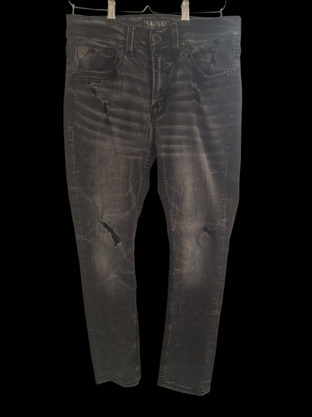 Salvage Brand Men's Distressed Black Athletic Fit Jeans (Buckle)